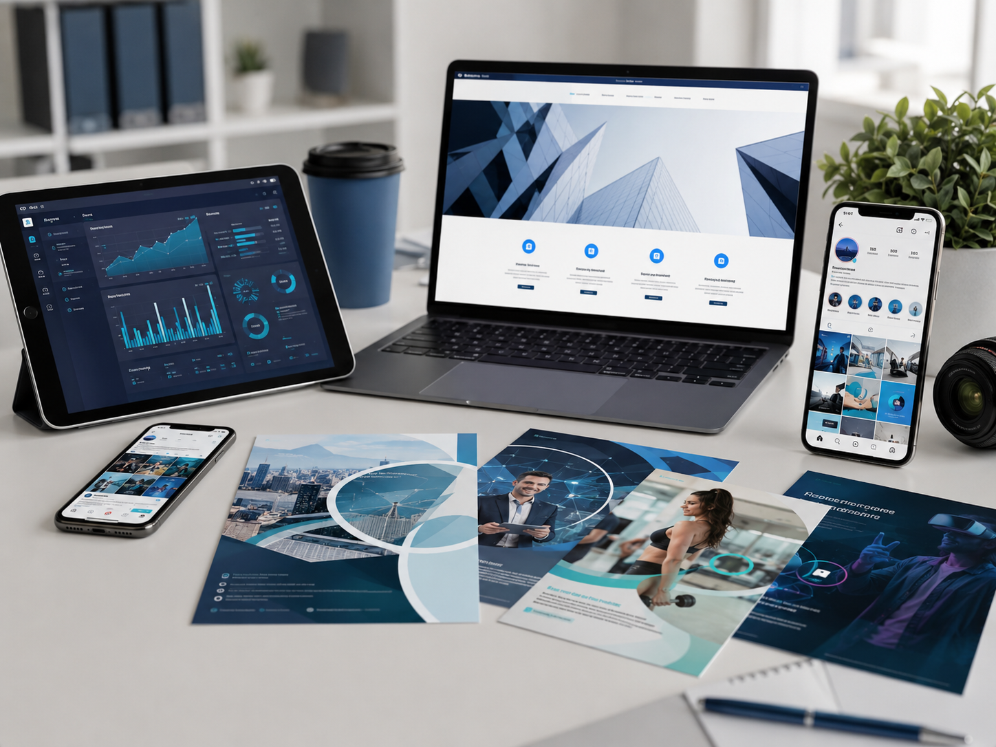 Professional creative marketing workspace with website, analytics and social media assets