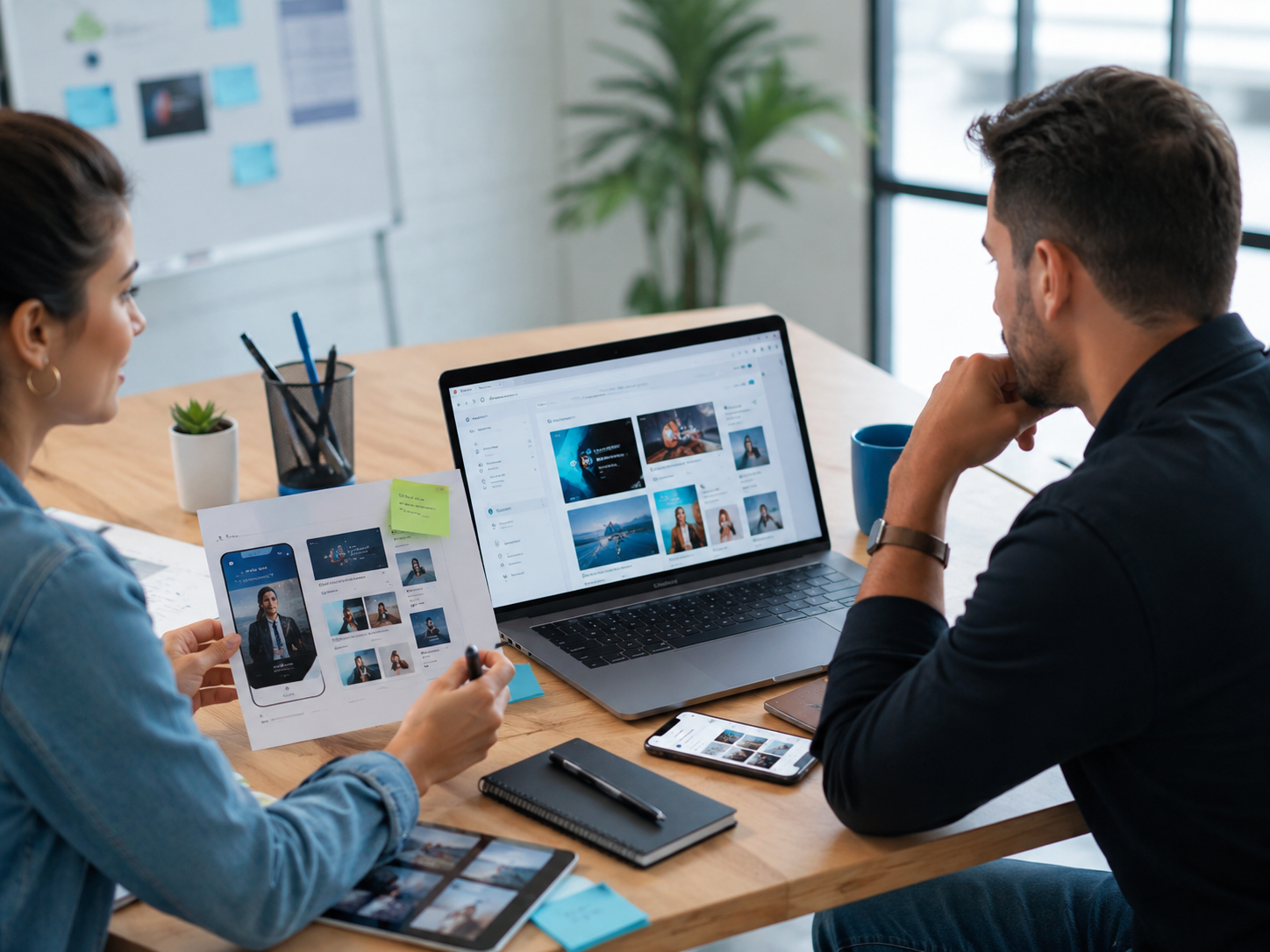 Social media team reviewing content strategy and digital creatives