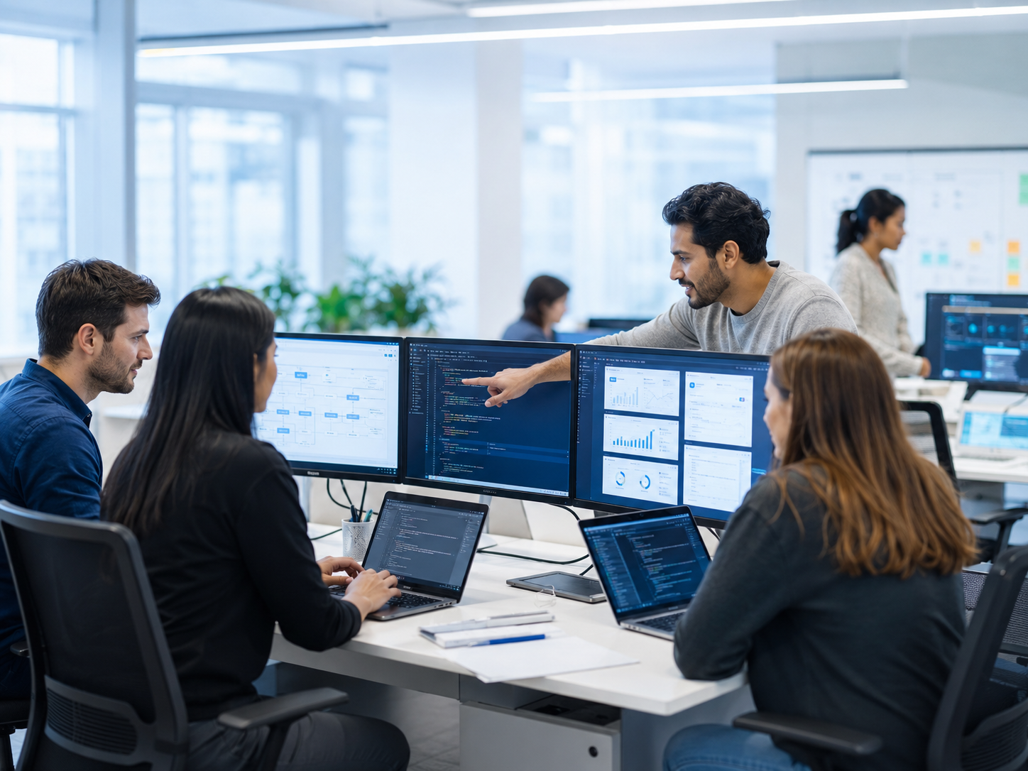Software development team collaborating in a modern office