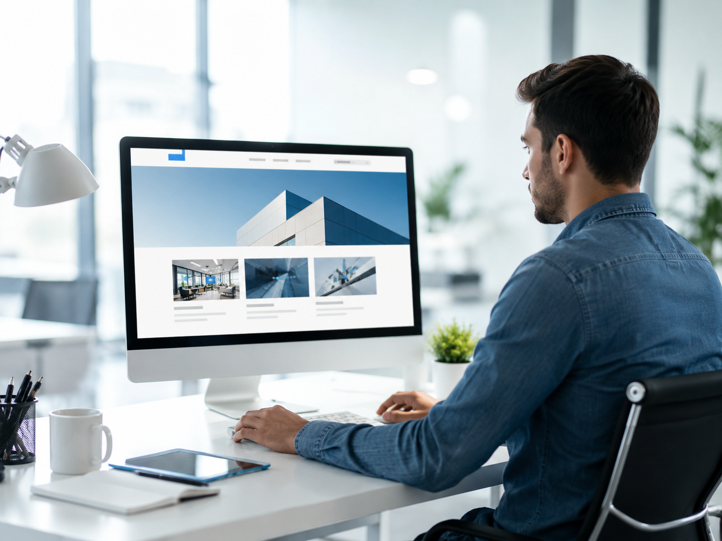Website designer working on a professional business website in a modern office